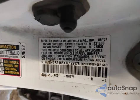 2007 Honda Civic Lx из США, поврежденный, VIN 1HGFA165X7L122178